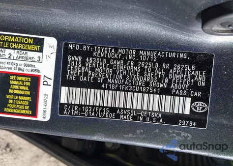 2012 Toyota Camry Se z USA, uszkodzony, nr VIN 4T1BF1FK3CU187541